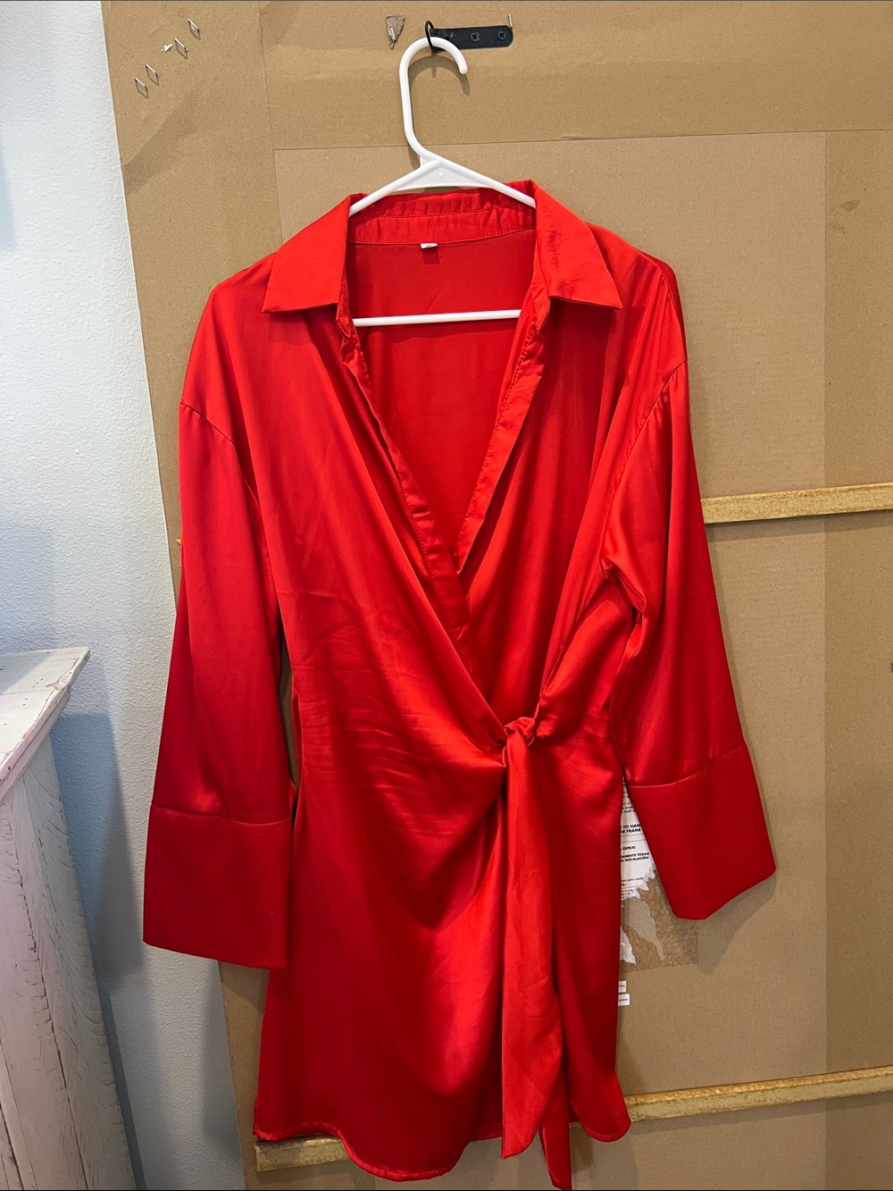 Red Satin Wrap Shirt Dress